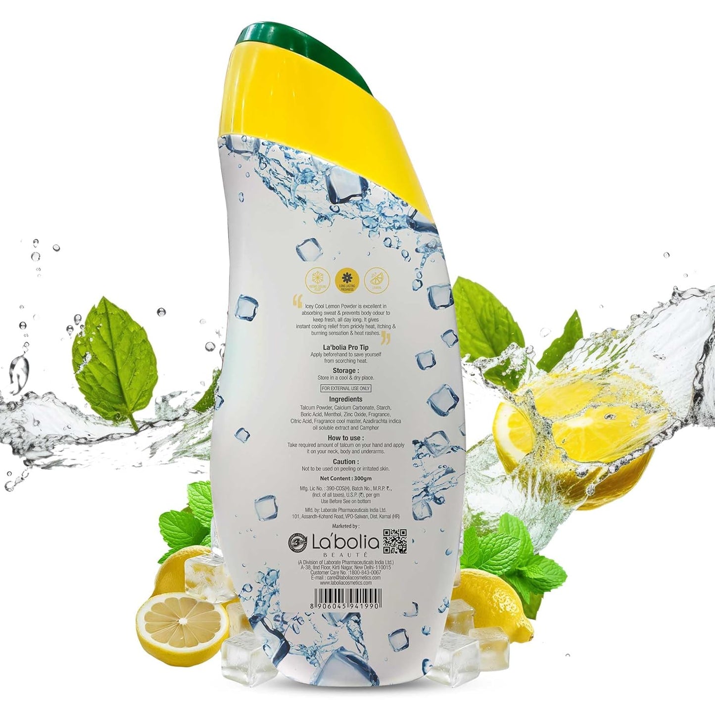 LABOLIA Icey Cool Lemon Herbal Prickly Heat And Ice Cool Body Talcum Powder | Advanced Sweat Absorption, Odor Prevention, And Cooling Relief Plus Lemon For Skin Benefits (300G)