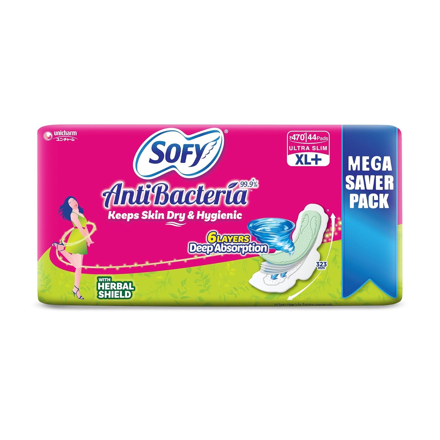 Sofy Anti-Bacteria Sanitary Pads (XL+ Size - 290 mm) 28 Pads - 6 layer deep absorption & Herbal Shield for Bacterial Protection, Soft on skin with comfy dry top sheet (Pack of 1)
