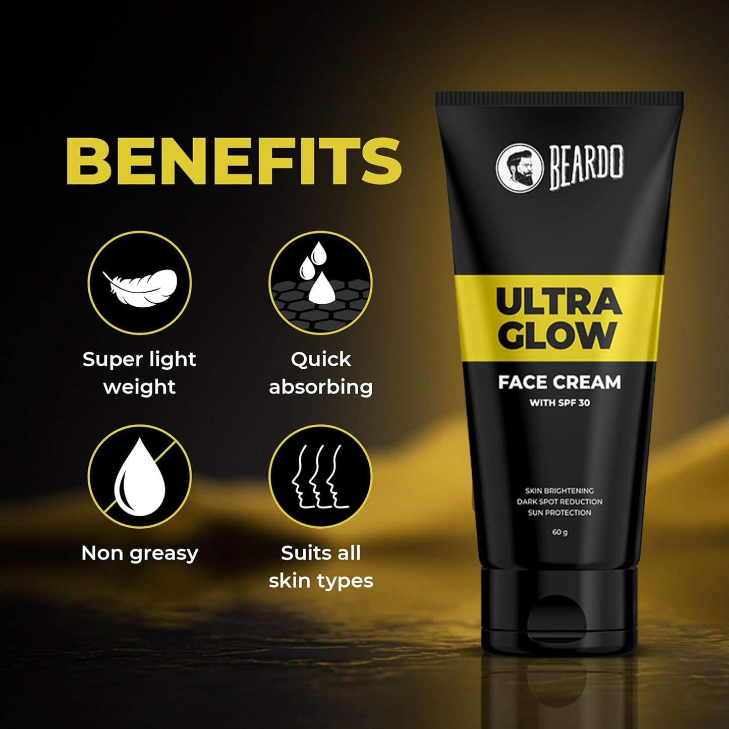Beardo Ultraglow All in One Face Cream For Men with SPF 30, 60g | Aloe Vera With Vitamin E and Niacinamide for Skin Brightening & Dark Spots Reduction
