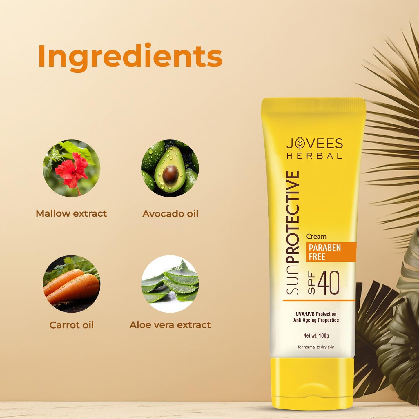 Jovees Herbal Sun Protective Sunscreen SPF 40 | Lightweight, Quick Absorbing and Oil Free - UVA/UVB Protection | Normal to Dry Skin Type | Paraben & Alcohol Free 100g