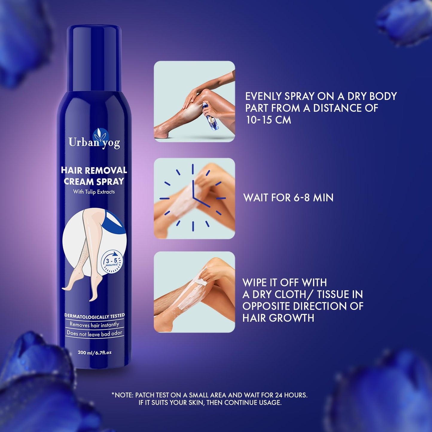 Urban yog Hair Removal Cream Spray for Women | Painless Body Hair Removal Spray for legs, hands, underarm & back (200 ML, Tulip (Blue))