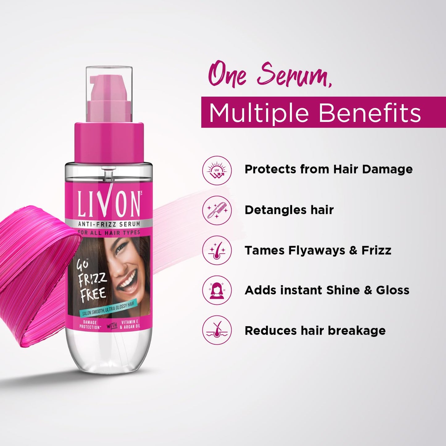 Livon Hair Serum, For Dry & Frizzy Hair | Provides shine , smoothness & damage protection| Leave in serum for women & Men| With Vitamin E & Argan Oil | 100ml