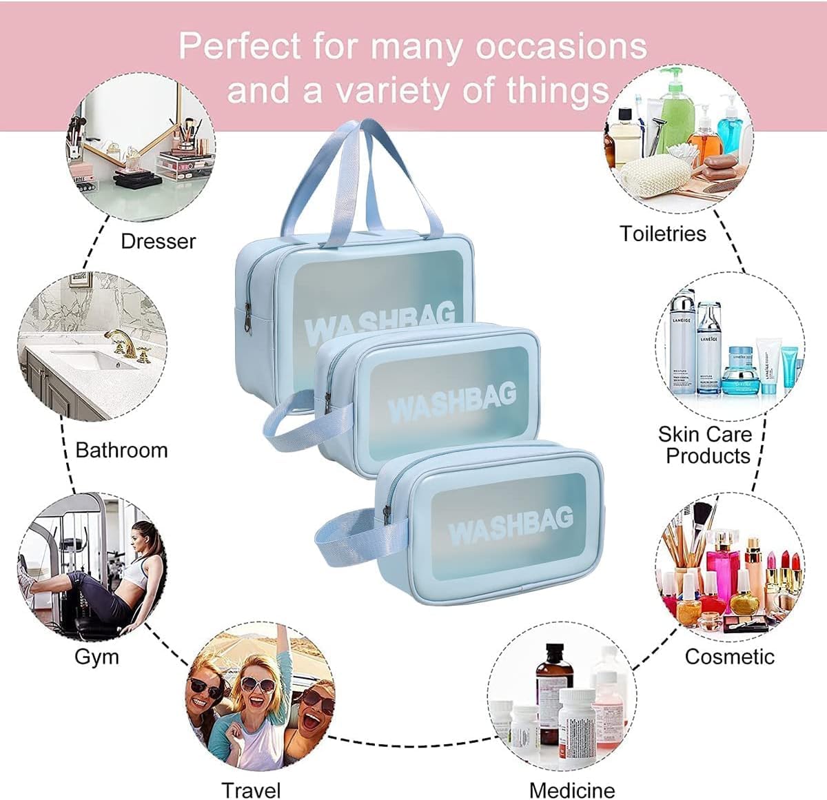 Niwlix Makeup Pouch Travel Toiletry Bag for Women Travel Pouch Cosmetic Makeup Bag Transparent Pouches for Women Set of 3 (Pink)