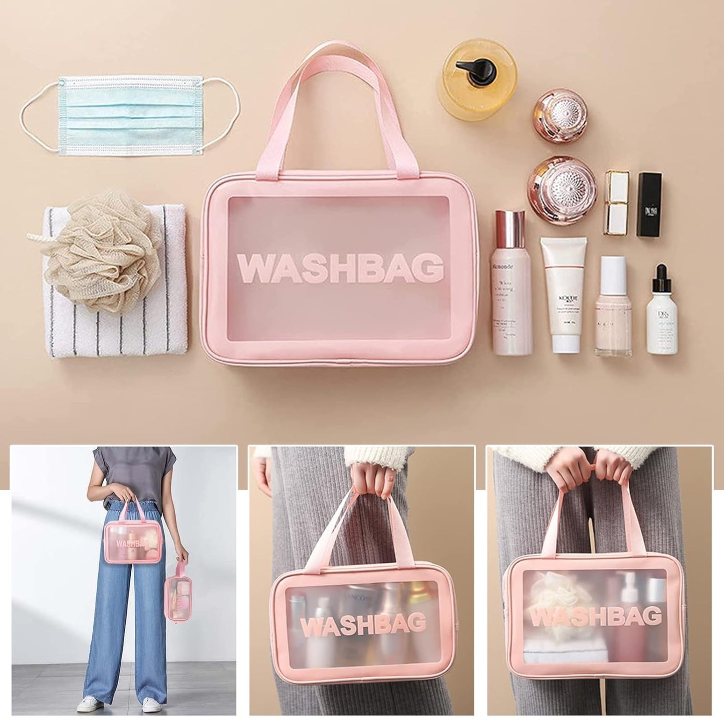 Niwlix Makeup Pouch Travel Toiletry Bag for Women Travel Pouch Cosmetic Makeup Bag Transparent Pouches for Women Set of 3 (Pink)