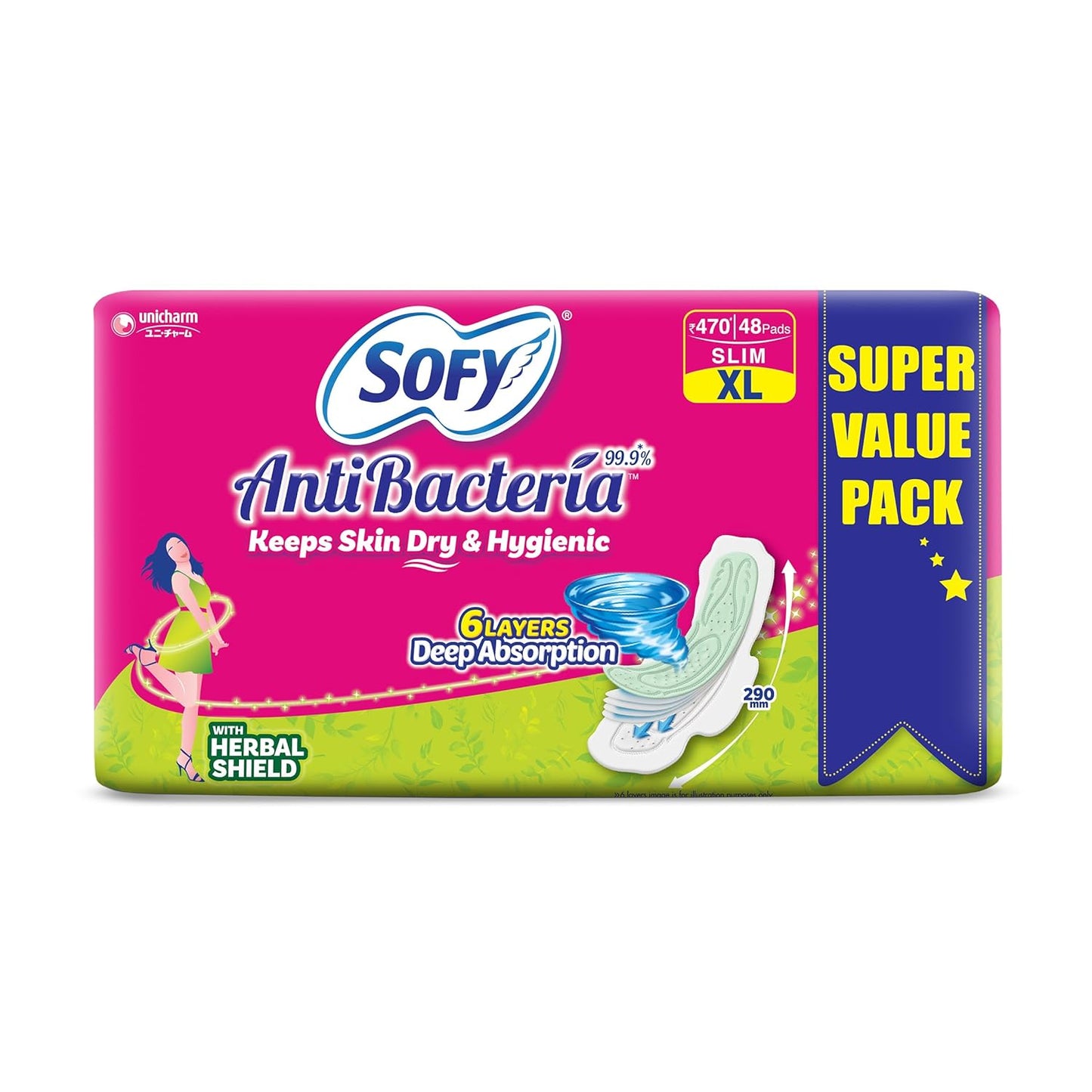 Sofy Anti-Bacteria Sanitary Pads (XL+ Size - 290 mm) 28 Pads - 6 layer deep absorption & Herbal Shield for Bacterial Protection, Soft on skin with comfy dry top sheet (Pack of 1)