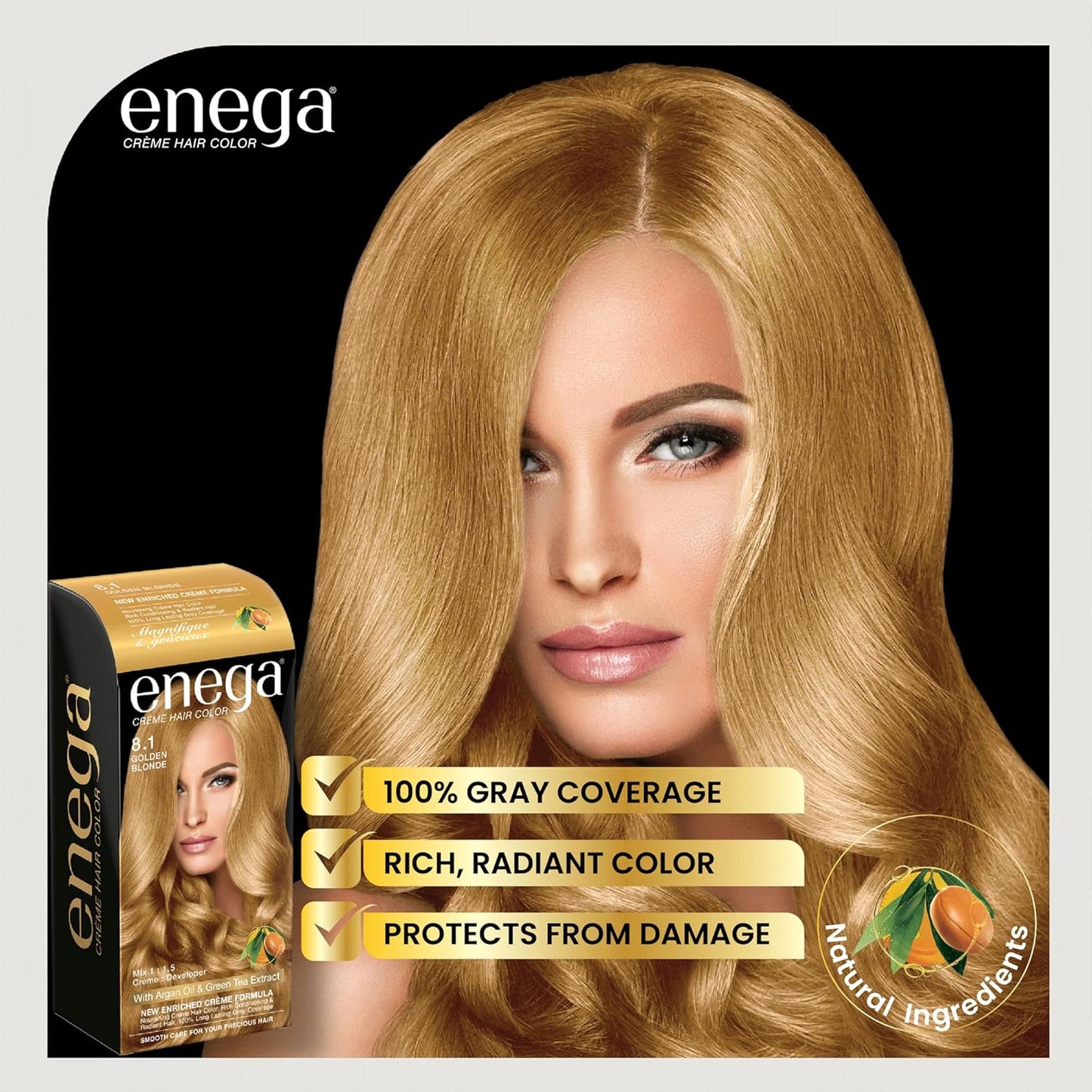 Enega No Ammonia Grey Coverage Long Lasting Creme Hair Color with Argan Oil & Green Tea Extract - Pack of 1(150 ML) (Golden Blonde)