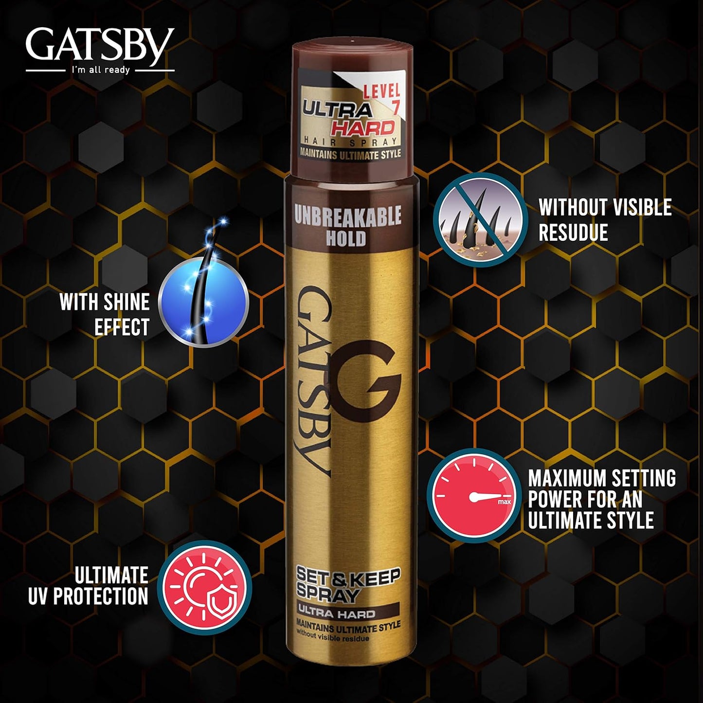Gatsby Japan Set & Keep Hair Spray - Ultra Hard 250ml | Quick Drying, Long Lasting Hold, No Flaking, Natural Shine, & Easy Wash Off | Contains UV Ray Protector | Hair Spray For Salon Like Finish