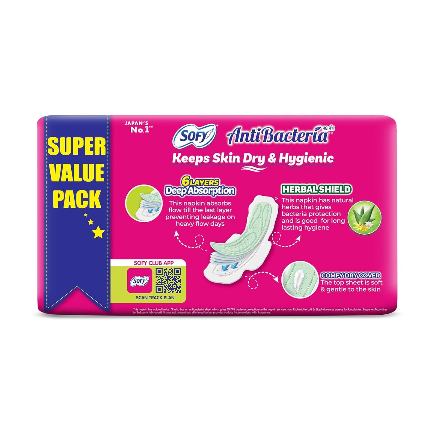Sofy Anti-Bacteria Sanitary Pads (XL+ Size - 290 mm) 28 Pads - 6 layer deep absorption & Herbal Shield for Bacterial Protection, Soft on skin with comfy dry top sheet (Pack of 1)