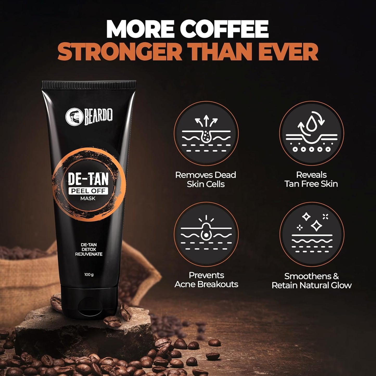 Beardo DeTan Peel off Face Mask for Men, 100g | Coffee Extract to Remove Tan & Deep Cleansing, Defeat Blackheads & Whiteheads, Face Mask for Glowing Skin
