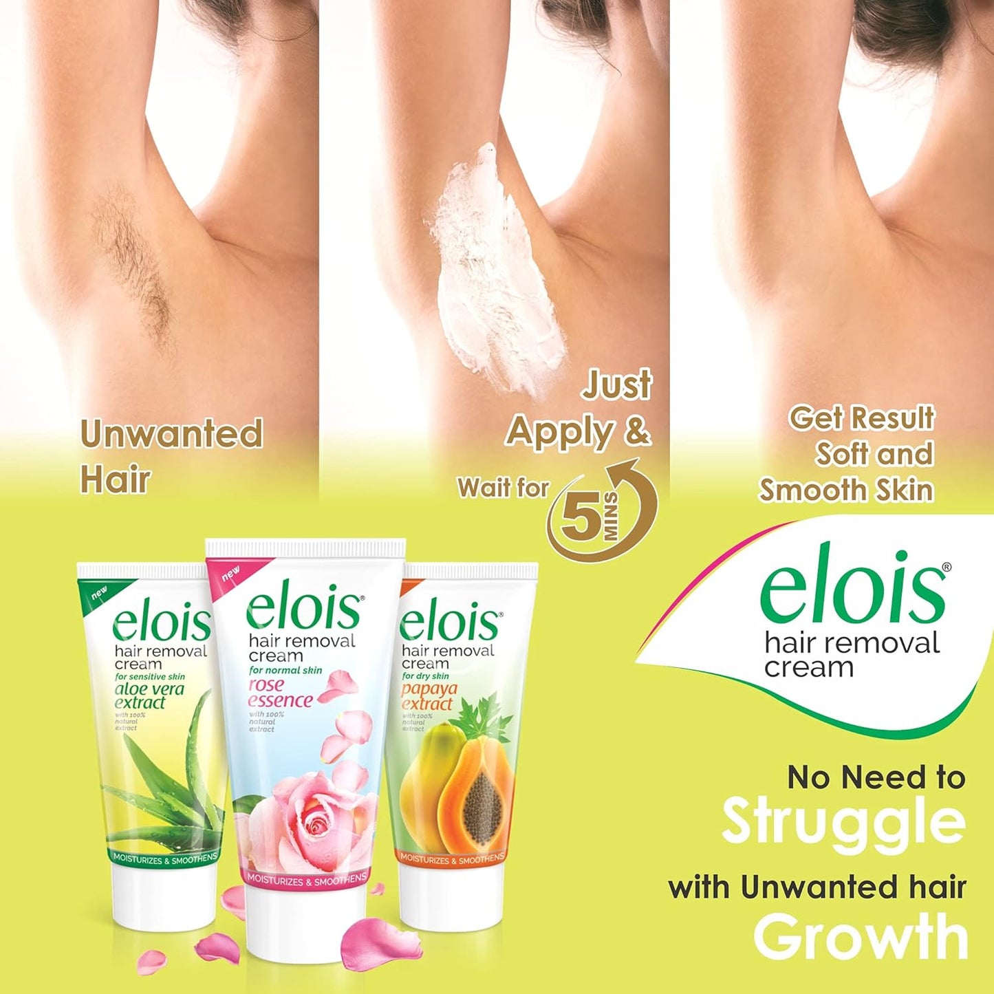 Elois Hair Removal Cream For Women Bikini Area - With Natural Extracts Painless For Normal Skin - Suitable for Legs Underarms Bikini Line Arms - (Rose Extract, 100 Gram)