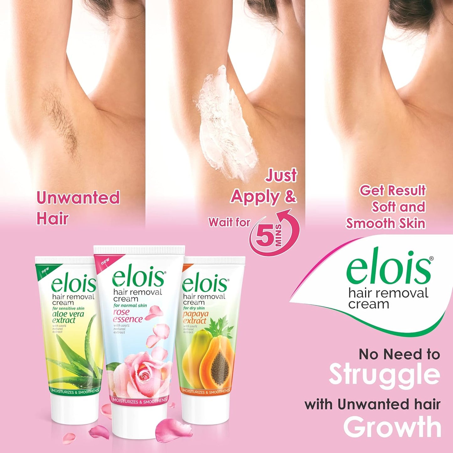 Elois Hair Removal Cream For Women Bikini Area - With Natural Extracts Painless For Normal Skin - Suitable for Legs Underarms Bikini Line Arms - (Rose Extract, 100 Gram)