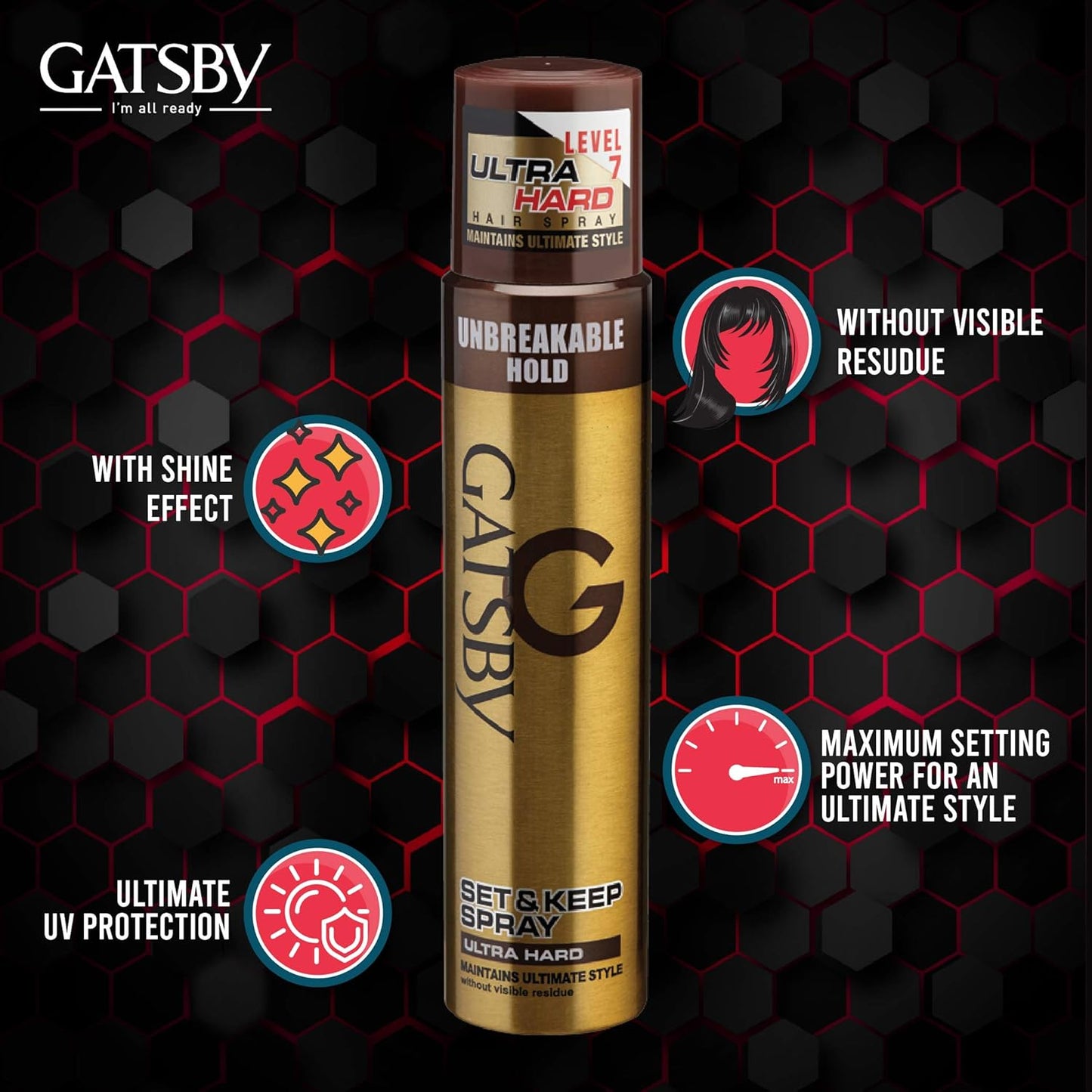 Gatsby Japan Set & Keep Hair Spray - Ultra Hard 250ml | Quick Drying, Long Lasting Hold, No Flaking, Natural Shine, & Easy Wash Off | Contains UV Ray Protector | Hair Spray For Salon Like Finish