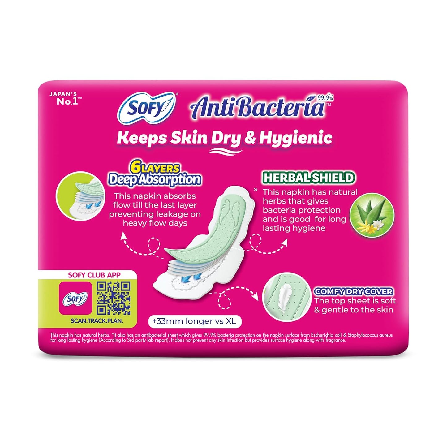 Sofy Anti-Bacteria Sanitary Pads (XL+ Size - 290 mm) 28 Pads - 6 layer deep absorption & Herbal Shield for Bacterial Protection, Soft on skin with comfy dry top sheet (Pack of 1)