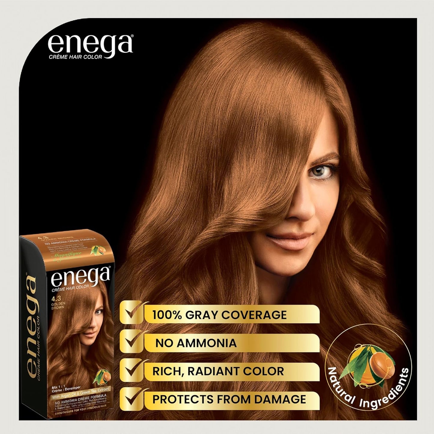 Enega No Ammonia Grey Coverage Long Lasting Creme Hair Color with Argan Oil & Green Tea Extract - Pack of 1(150 ML) (Golden Blonde)