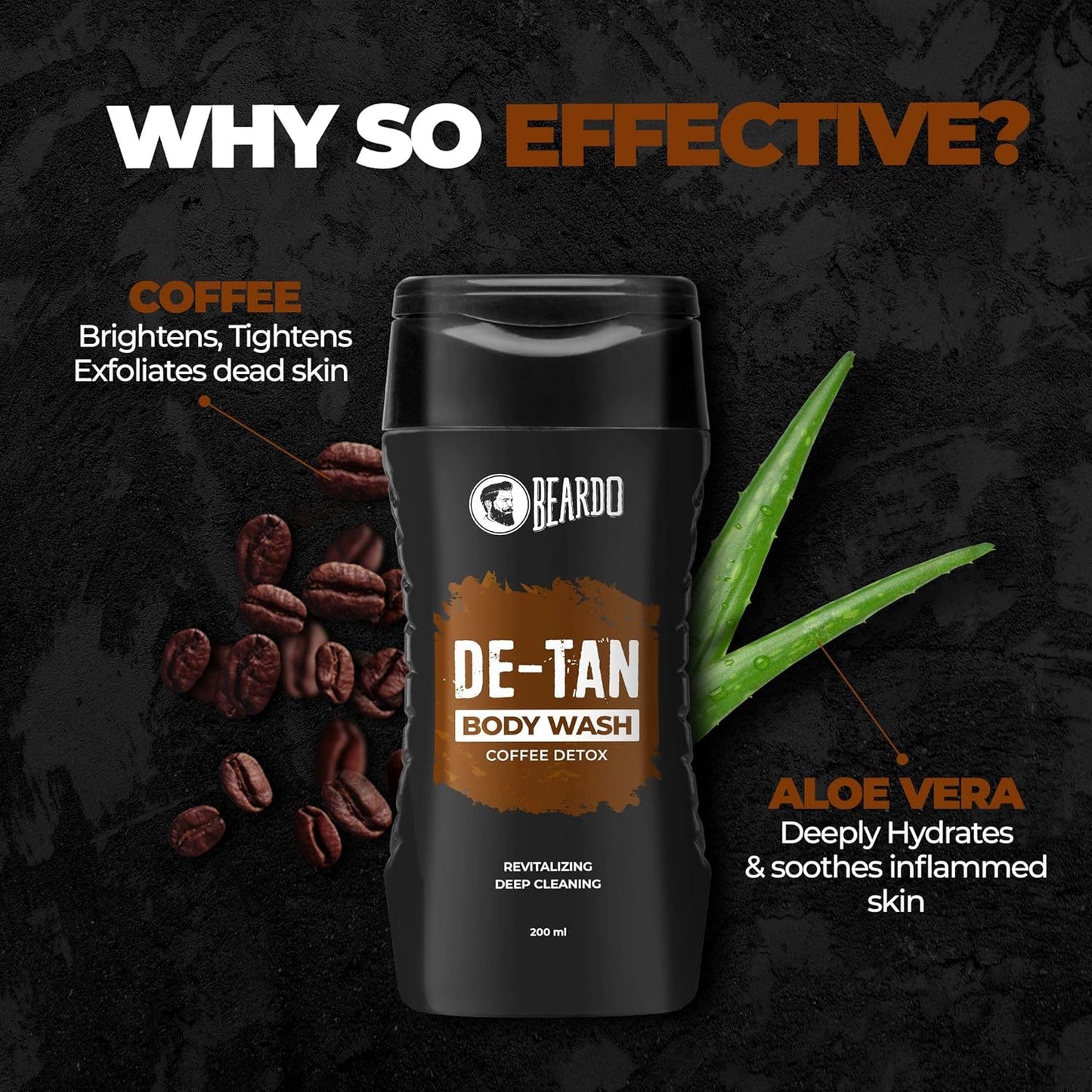 Beardo De-Tan Body Wash for Men, 200ml | Tan Removal and Caffeine Body Wash | Detan With Coffee & Aloe Extracts | For Body & Face | Refreshing Fragrance