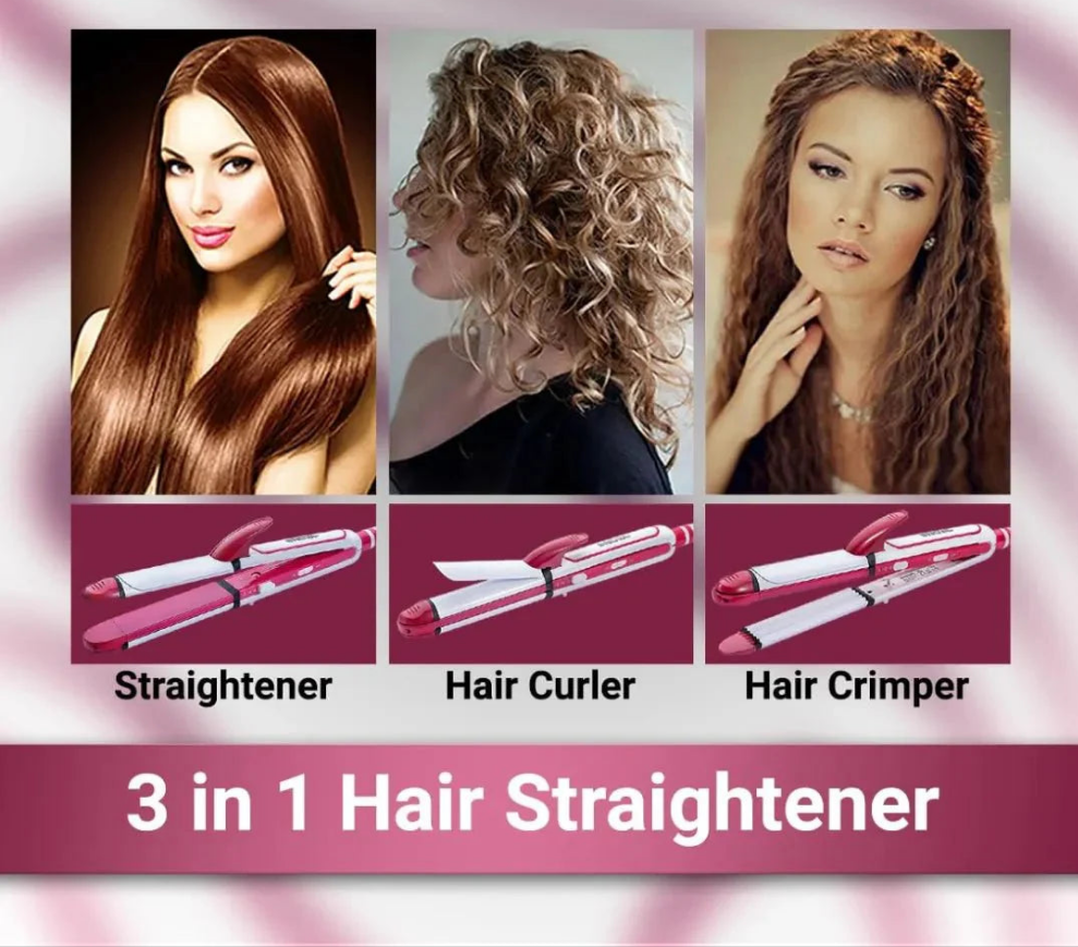 Shinon 3 in 1 Hair Styler -Curler, Crimper SH 8088 Hair Straightener (White, Pink)