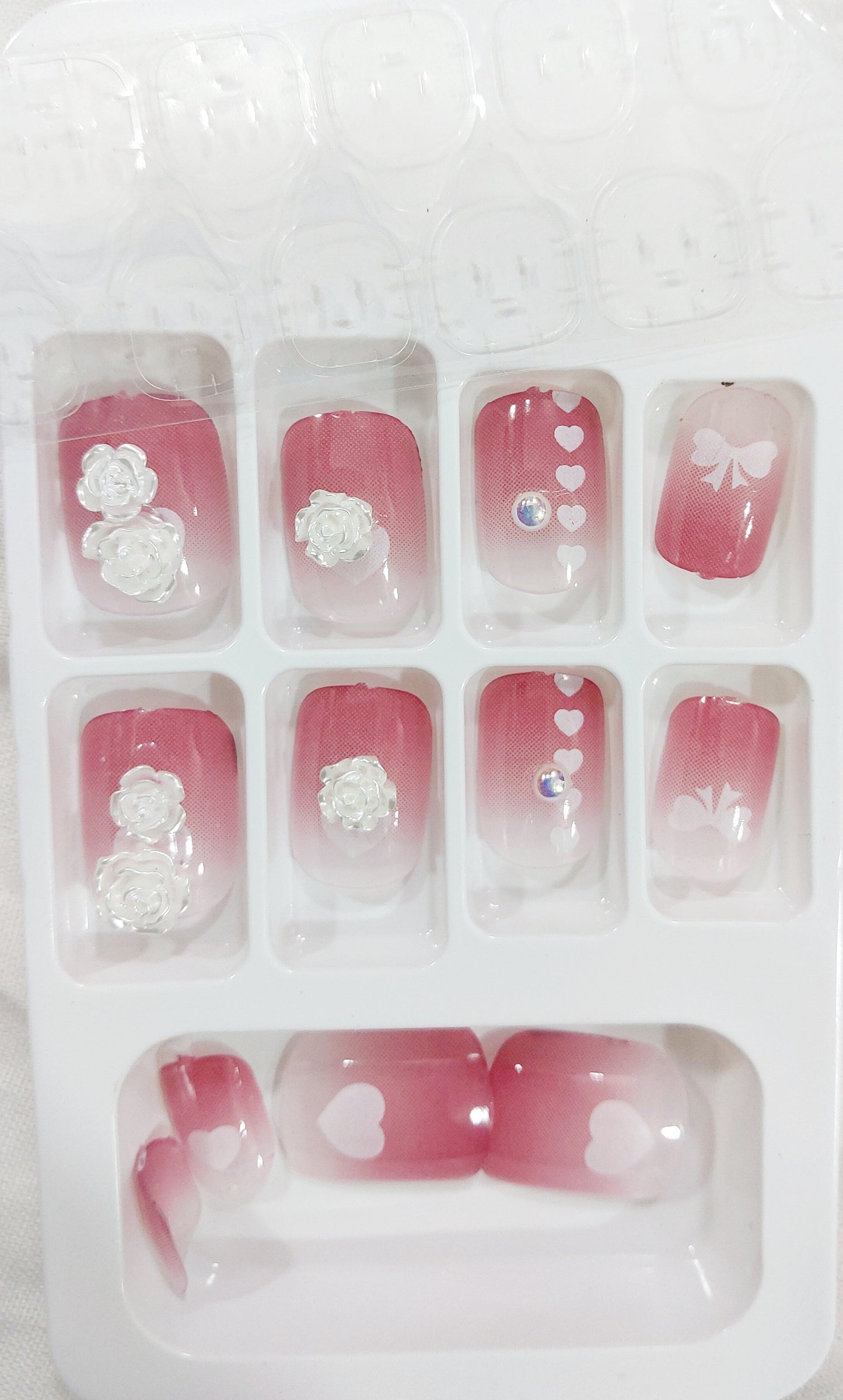 Premium Salon Look Nail/ 3D white Flowers Pearls / Reusable Artificial Nail set of 12