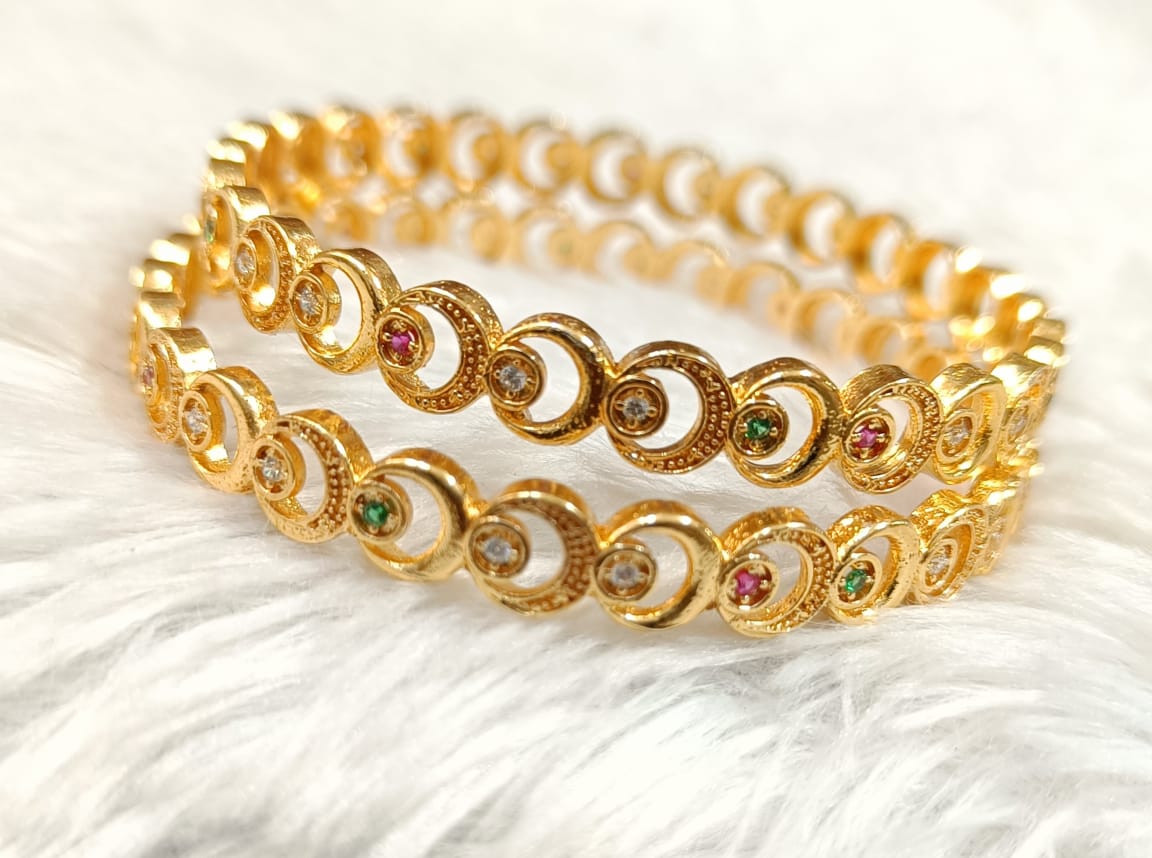 Gold Plated Bangle (Pair) / Gift for Women and Girls/ White and Red American Diamond studded bangle