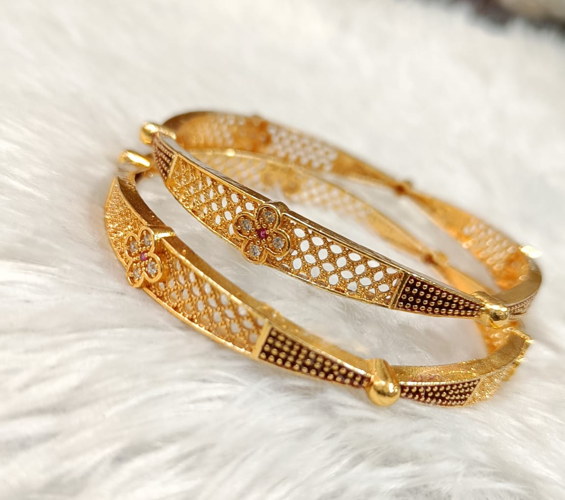 Gold Plated Bangle (Pair) / Gift for Women and Girls/ White and Red American Diamond studded bangle